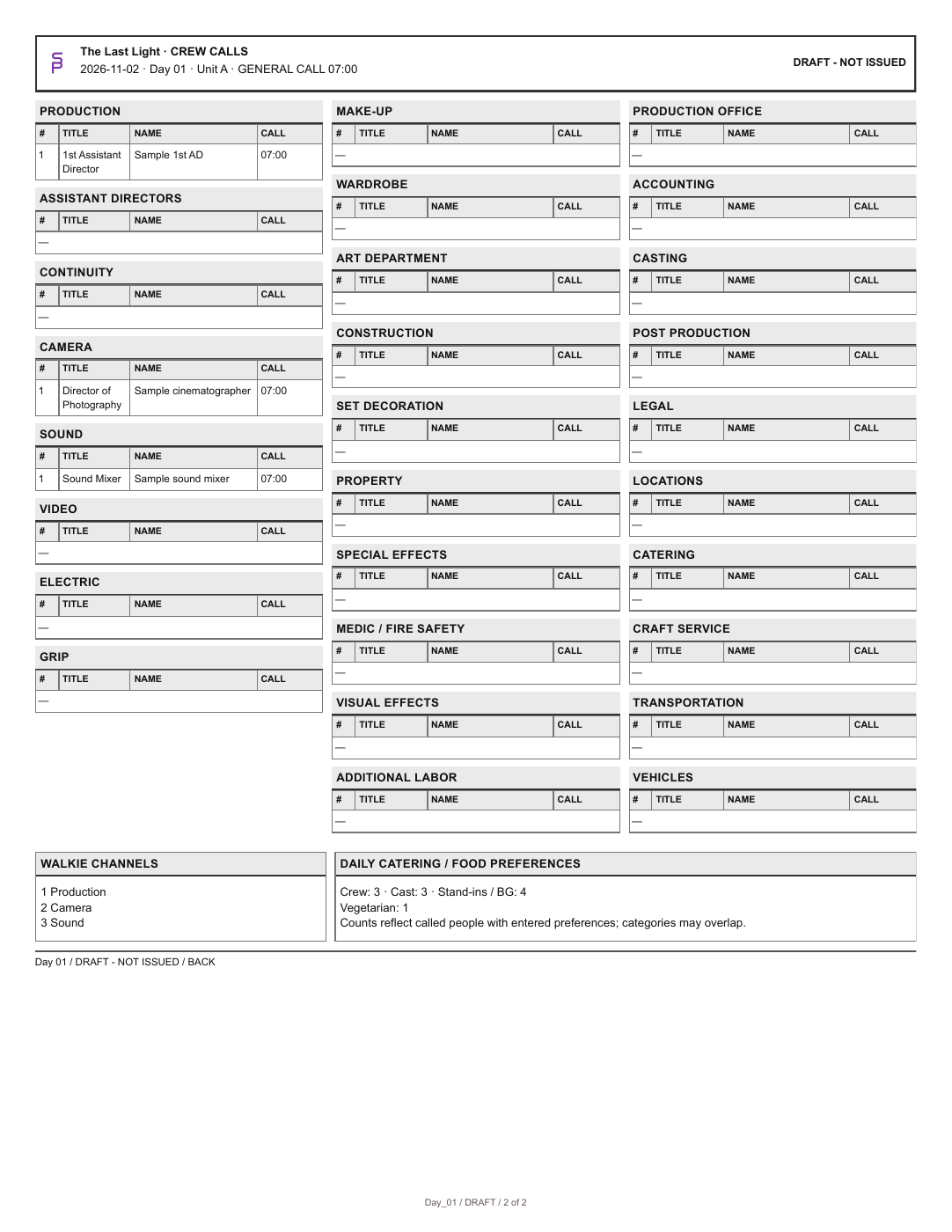 Fictional Last Light call sheet back with departmental crew calls