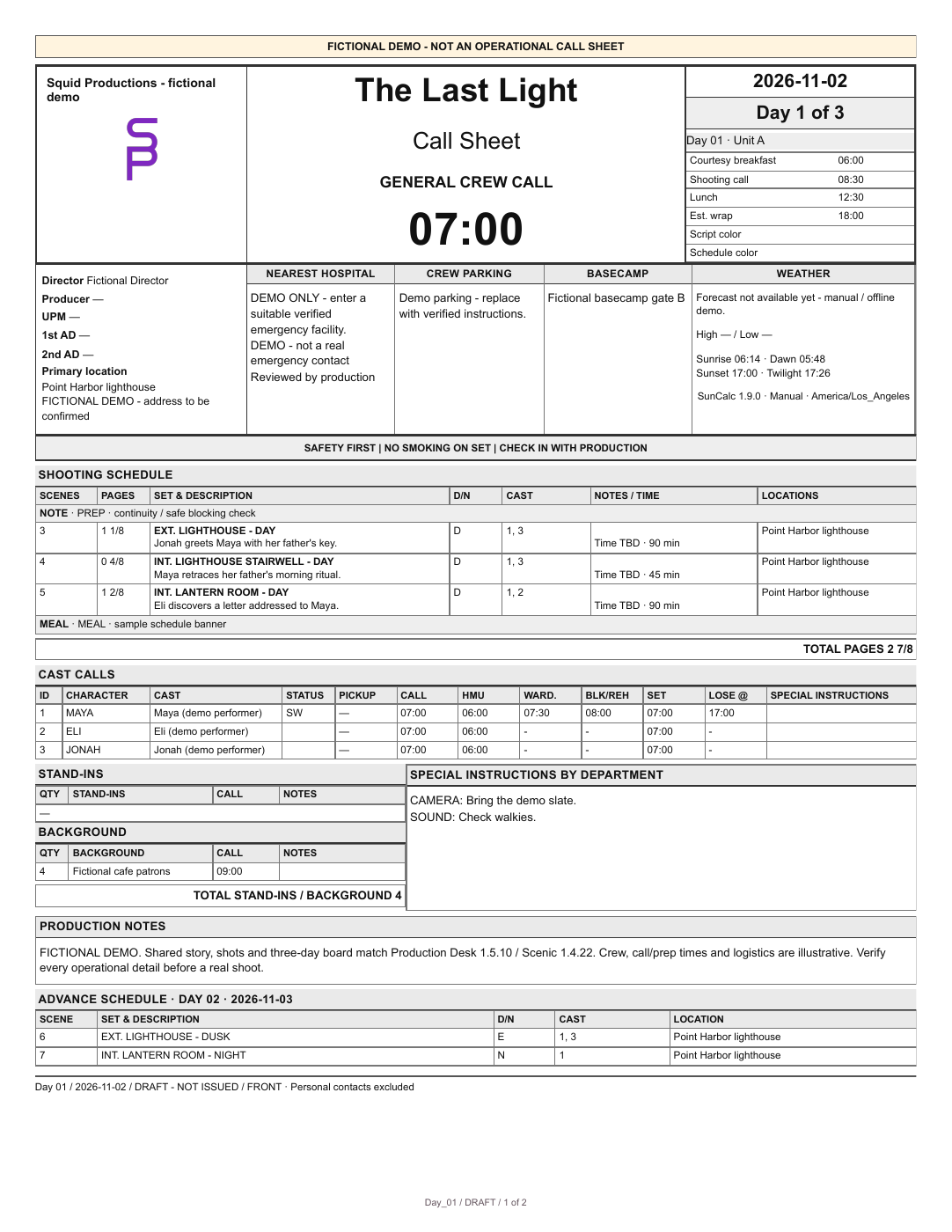 Fictional Last Light call sheet front with schedule and cast calls