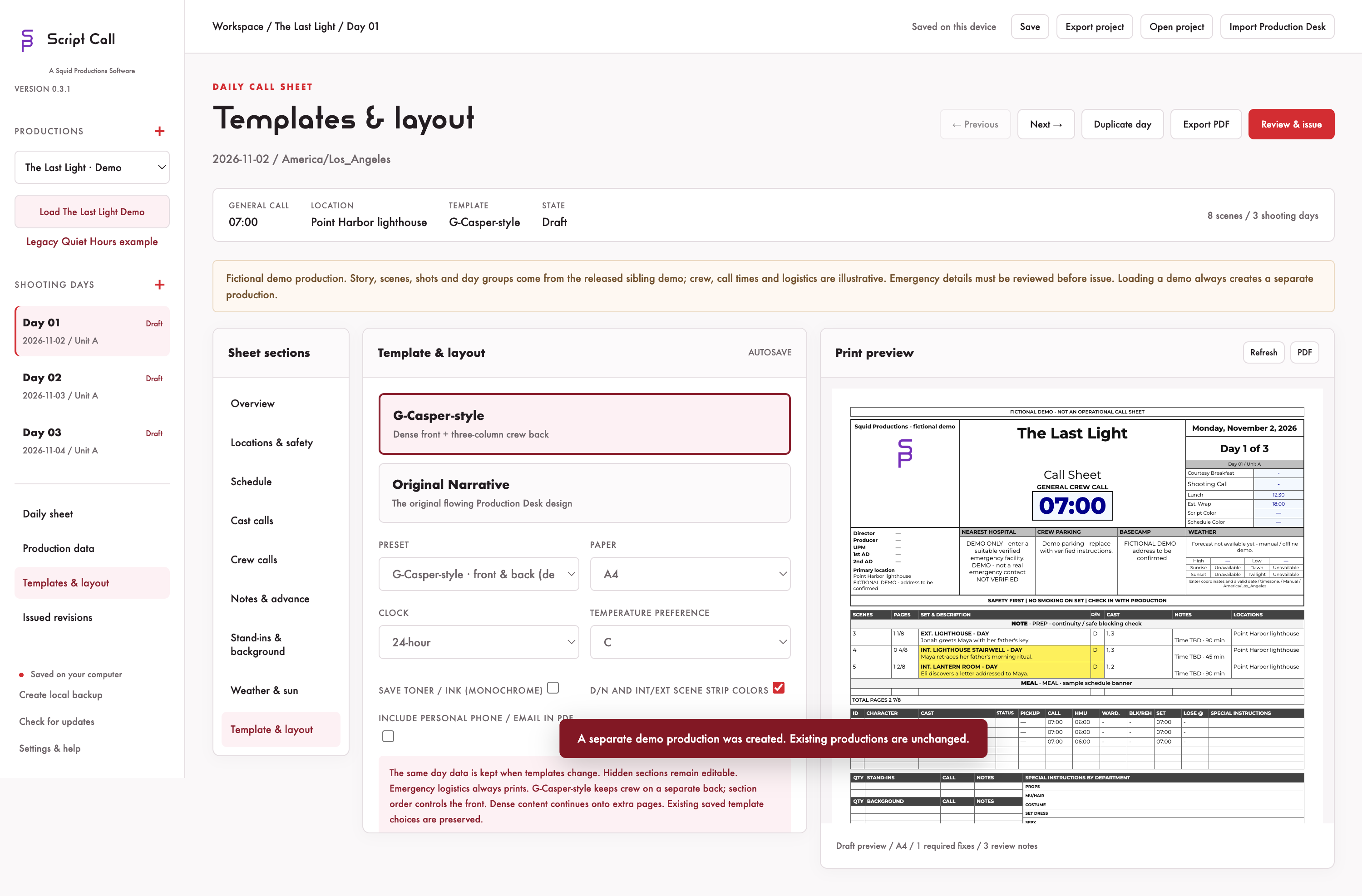 Script Call's Templates and layout screen with the fictional Last Light demo and G-Casper-style print preview